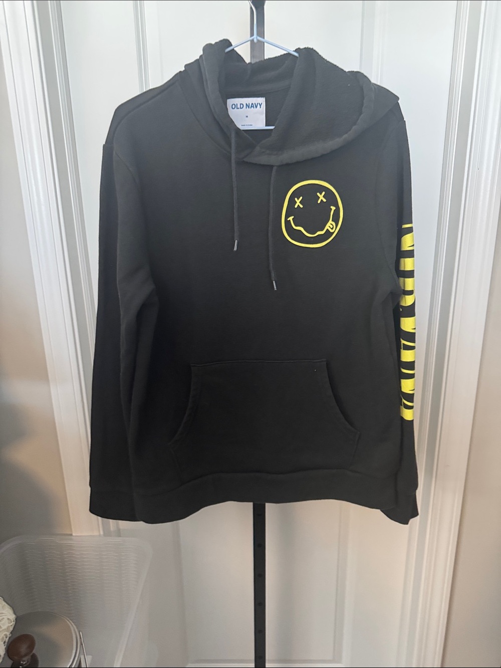 Old Navy Black Hoodie with Yellow Smiley Graphic. Nirvana